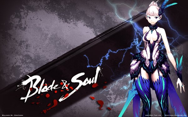 Anime picture 1440x900 with blade & soul zerojigoku (artist) single short hair smile wide image purple eyes looking away grey hair wallpaper girl thighhighs hair ornament weapon
