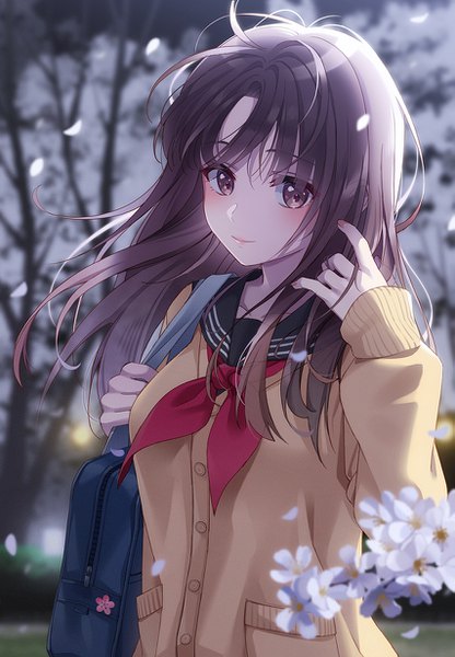 Anime picture 853x1230 with original unjem single long hair tall image looking at viewer blush fringe breasts hair between eyes brown hair brown eyes upper body outdoors long sleeves nail polish arm up light smile wind blurry