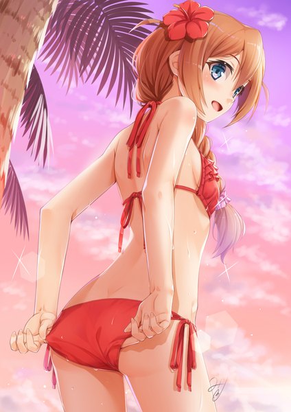 Anime picture 827x1169 with idolmaster idolmaster million live! baba konomi miri (ago550421) single long hair tall image blush fringe open mouth blue eyes light erotic smile hair between eyes brown hair signed looking away sky cloud (clouds) ass