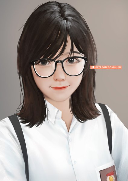 Anime picture 2480x3508 with real life ditta amelia saraswati jubi (regiana) single tall image looking at viewer fringe highres short hair black hair simple background smile signed black eyes realistic grey background mole lipstick portrait girl