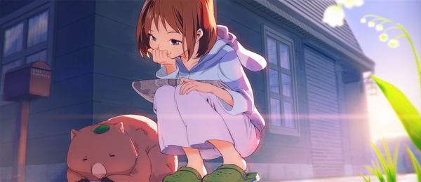 Anime picture 1500x651 with original cojibou single short hair blue eyes smile brown hair wide image squat girl flower (flowers) animal shoes house slippers newspaper