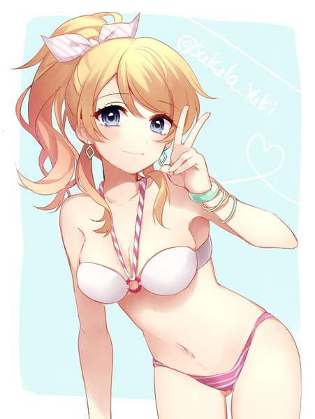 Anime picture 800x1065 with love live! school idol project sunrise (studio) love live! ayase eli sakura yuki (clochette) single long hair tall image looking at viewer blush fringe light erotic blonde hair standing purple eyes signed ponytail bare belly armpit (armpits) leaning