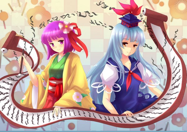 Anime picture 1240x877 with touhou kamishirasawa keine hieda no akyuu sheeg long hair short hair purple eyes multiple girls brown eyes blue hair purple hair hair flower girl dress hair ornament flower (flowers) 2 girls hat paintbrush calligraphy brush