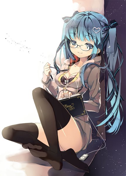 Anime picture 717x1000 with vocaloid ipod hatsune miku pikomint single long hair tall image looking at viewer blush blue eyes light erotic smile sitting twintails blue hair no shoes girl thighhighs hair ornament ribbon (ribbons)