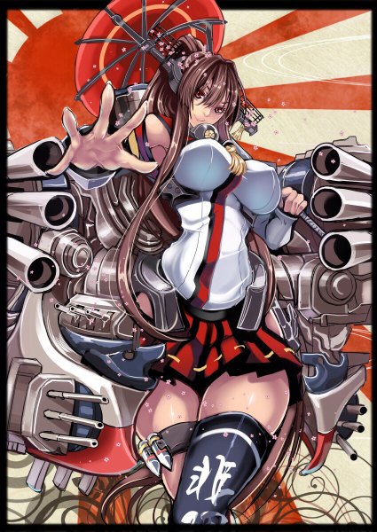Anime picture 850x1200 with kantai collection yamato super battleship mugenshiki (artist) single long hair tall image breasts light erotic smile brown hair standing ponytail pleated skirt lips from below girl skirt flower (flowers) detached sleeves petals