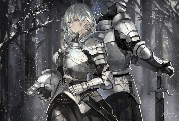 Anime picture 1500x1019 with original saberiii long hair signed silver hair braid (braids) single braid snowing winter snow silver eyes bare tree knight girl boy weapon plant (plants) sword tree (trees) armor