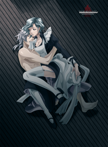 Anime picture 1000x1366 with kuroshitsuji a-1 pictures angela (kuroshitsuji) pluto (kuroshitsuji) ioshik tall image short hair light erotic brown eyes silver hair barefoot maid grey eyes couple coloring striped striped background girl thighhighs boy