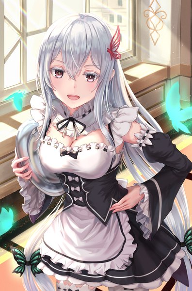 Anime picture 3089x4681 with re:zero kara hajimeru isekai seikatsu white fox echidna (re:zero) tooku0 single long hair tall image looking at viewer blush fringe highres breasts open mouth smile hair between eyes large breasts standing purple eyes twintails holding