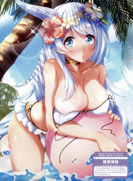 Anime picture 3000x4060 with tokyo dragon strike ohara hiroki single long hair tall image looking at viewer blush highres breasts blue eyes light erotic cleavage white hair hair flower horn (horns) girl flower (flowers) swimsuit plant (plants) bikini