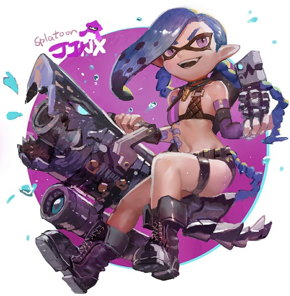 Anime picture 900x920 with league of legends splatoon nintendo jinx (league of legends) inkling canking single long hair tall image breasts smile purple eyes blue hair pointy ears tattoo flat chest eyebrows tentacle hair jinx (league of legends) (cosplay) girl