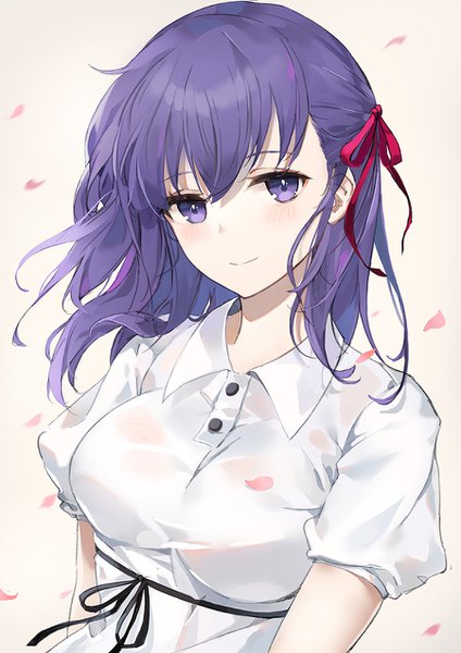 Anime picture 900x1274 with fate (series) fate/stay night matou sakura emyo single long hair tall image looking at viewer blush fringe breasts simple background smile hair between eyes white background purple eyes purple hair upper body short sleeves girl