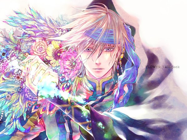 Anime picture 1000x750 with nico nico singer jack (nico nico singer) kate (artist) single short hair simple background blonde hair white background purple eyes silver hair wind magic boy flower (flowers) hood cape feather (feathers) cloak beads bandana
