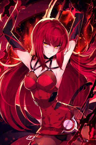 Anime picture 1286x1925 with elsword elesis (elsword) crimson avenger (elsword) hwansang single long hair tall image looking at viewer fringe breasts light erotic yellow eyes payot red hair arms up armpit (armpits) girl dress gloves underwear