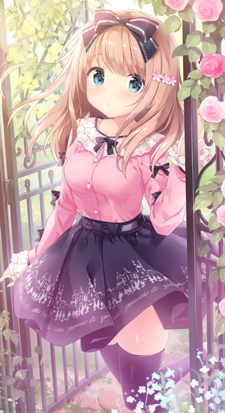 Anime picture 1080x1980 with original momoi saki kimishima ao single long hair tall image looking at viewer blush fringe blue eyes blonde hair standing outdoors parted lips pleated skirt hair flower wind :o standing on one leg gate