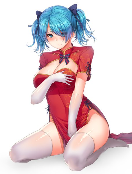 Anime picture 1414x1859 with soccer spirits raklet (soccer spirits) moing single tall image looking at viewer blush short hair breasts blue eyes light erotic white background twintails blue hair traditional clothes short twintails chinese clothes girl thighhighs gloves