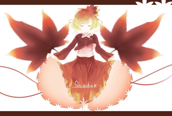 Anime picture 1714x1160 with touhou aki shizuha crazyoton46 single highres short hair blonde hair smile white background eyes closed long sleeves character names gradient hair skirt hold girl skirt hair ornament leaf (leaves) skirt set red skirt