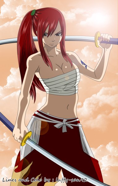 Anime picture 1698x2664 with fairy tail erza scarlet luffy-san92 single long hair tall image breasts light erotic brown eyes sky cloud (clouds) ponytail red hair sunlight midriff tattoo coloring girl navel sword