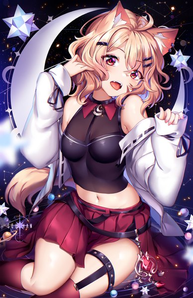 Anime picture 809x1250 with original squchan single tall image looking at viewer blush fringe short hair breasts open mouth blonde hair hair between eyes red eyes sitting signed animal ears ahoge tail nail polish head tilt