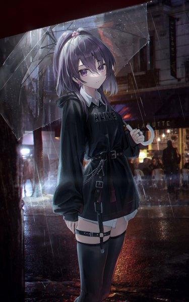 Anime picture 4134x6614 with mahou shoujo madoka magica magia record: mahou shoujo madoka magica gaiden shaft (studio) aika himena flippy (cripine111) single long hair tall image looking at viewer fringe highres hair between eyes standing purple eyes holding absurdres purple hair outdoors long sleeves night