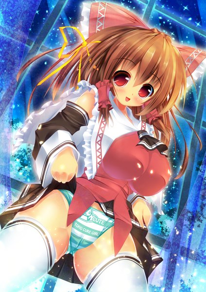 Anime picture 2480x3508 with touhou hakurei reimu fukuda shuushi single long hair tall image looking at viewer blush highres open mouth light erotic red eyes brown hair absurdres pleated skirt skindentation cameltoe striped girl skirt