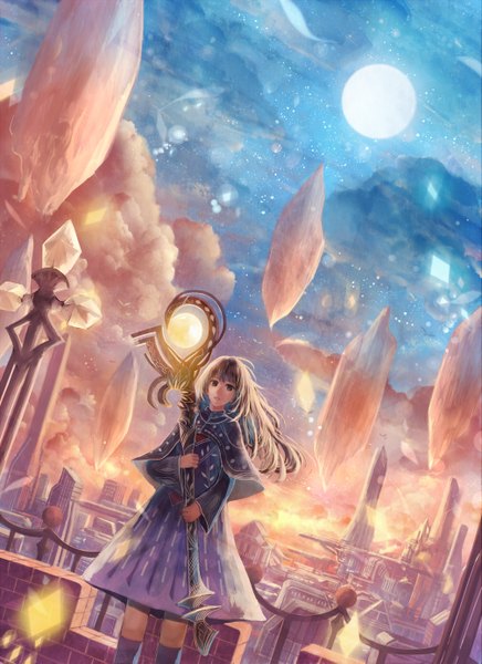 Anime picture 1008x1385 with original bounin single long hair tall image looking at viewer blush open mouth brown hair brown eyes sky cloud (clouds) light smile city girl dress moon star (stars) full moon crystal