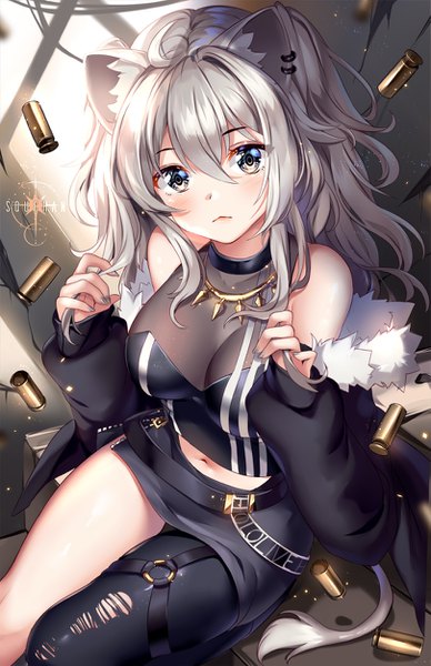Anime picture 809x1250 with virtual youtuber hololive shishiro botan shishiro botan (1st costume) squchan single long hair tall image looking at viewer fringe breasts blue eyes light erotic hair between eyes large breasts sitting bare shoulders signed animal ears silver hair
