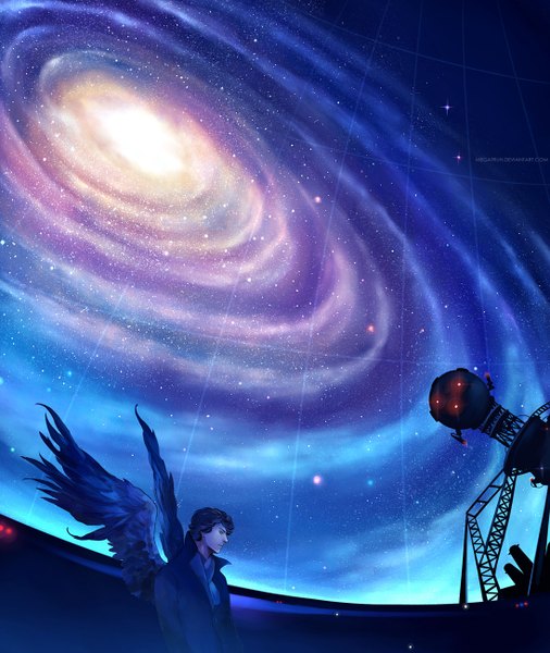 Anime picture 1096x1300 with sherlock holmes (series) sherlock (bbc) sherlock holmes (sherlock) megatruh single tall image short hair night night sky glowing black wings space boy shirt wings jacket star (stars) galaxy planetarium