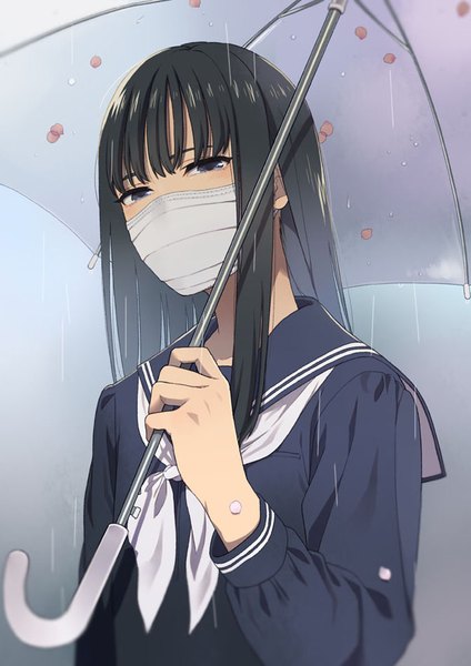 Anime picture 672x950 with original mattaku mousuke single long hair tall image looking at viewer fringe blue eyes black hair simple background holding payot upper body blunt bangs long sleeves rain transparent umbrella girl uniform petals