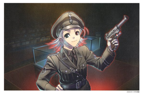 Anime picture 3123x2066 with hiroe rei single highres short hair absurdres silver hair scan heterochromia girl uniform weapon gun military uniform peaked cap