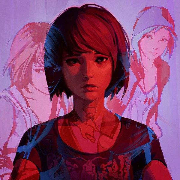 Anime picture 1080x1080 with life is strange chloe price max caulfield ilya kuvshinov looking at viewer fringe short hair red eyes brown hair multiple girls blue hair looking away red hair lips open jacket holding hands portrait shaded face purple background transparent