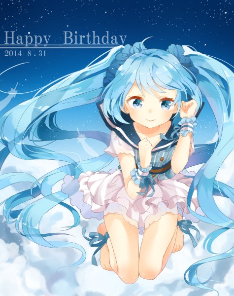 Anime picture 1900x2400 with vocaloid hatsune miku jimmy madomagi single tall image looking at viewer highres smile twintails cloud (clouds) ahoge very long hair barefoot aqua eyes aqua hair inscription night night sky jumping happy birthday
