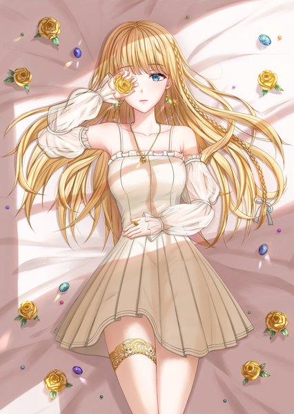 Anime picture 2472x3479 with original bobmond single long hair tall image looking at viewer blush highres blue eyes blonde hair lying braid (braids) from above shadow on back side braid covering eye (eyes) girl thighhighs dress