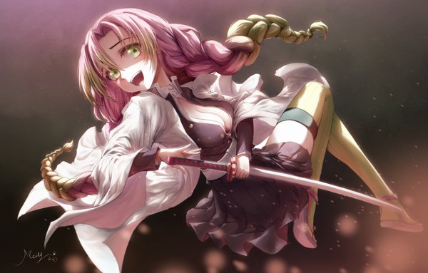 Anime picture 2300x1467 with kimetsu no yaiba ufotable kanroji mitsuri andreas meidy single long hair highres breasts open mouth light erotic large breasts green eyes pink hair full body braid (braids) :d multicolored hair green hair two-tone hair twin braids