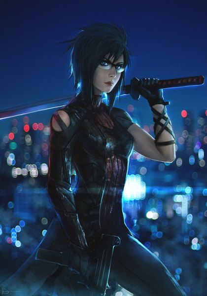 Anime picture 800x1143 with original ninjatic single tall image blue eyes black hair sky blurry realistic night night sky girl gloves weapon sword black gloves glasses katana gun bodysuit