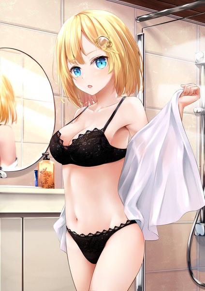Anime picture 1447x2047 with virtual youtuber hololive hololive english watson amelia c.u.wa single tall image looking at viewer blush fringe short hair breasts blue eyes light erotic blonde hair large breasts standing bare shoulders blunt bangs :o