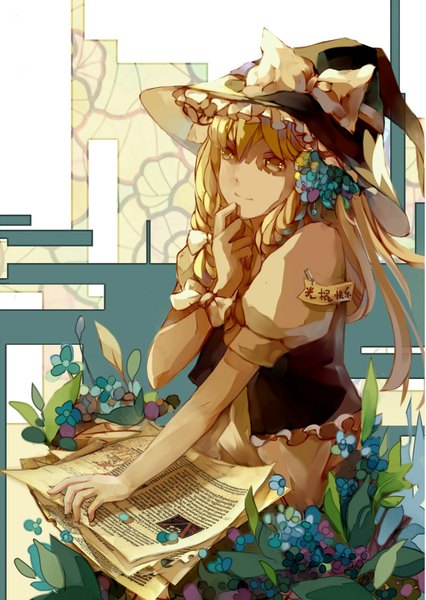 Anime picture 1240x1748 with touhou kirisame marisa xiaohan single long hair tall image fringe blonde hair holding yellow eyes braid (braids) light smile finger to mouth girl flower (flowers) bow hat petals witch hat paper