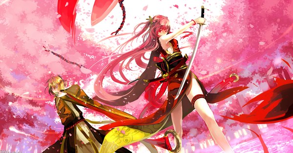 Anime picture 1949x1024 with original kaninnvven long hair highres short hair blue eyes blonde hair red eyes wide image pink hair japanese clothes cherry blossoms girl boy petals sword katana