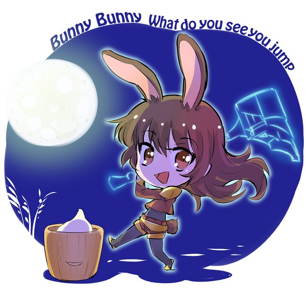 Anime picture 1625x1549 with rwby rooster teeth velvet scarlatina iesupa single long hair looking at viewer open mouth brown hair standing brown eyes animal ears full body tail :d animal tail bunny ears text standing on one leg bunny girl