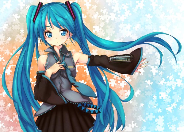 Anime picture 1419x1019 with vocaloid hatsune miku zizi (zz22) single looking at viewer blue eyes standing twintails bare shoulders blue hair very long hair pleated skirt wind adjusting necktie girl skirt detached sleeves necktie buttons puzzle