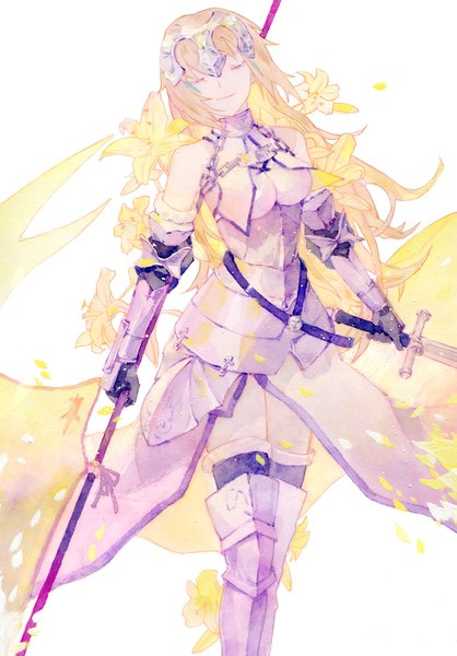 Anime picture 800x1148 with fate (series) fate/grand order jeanne d'arc (fate) (all) jeanne d'arc (fate) lirseven single long hair tall image simple background blonde hair white background eyes closed traditional media watercolor (medium) girl flower (flowers) weapon sword boots armor
