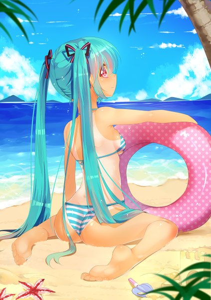 Anime picture 1000x1419 with vocaloid hatsune miku mvv single tall image light erotic red eyes sitting twintails sky cloud (clouds) very long hair profile barefoot aqua hair beach wariza outstretched hand tan tan lines