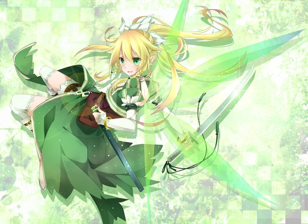 Anime picture 2080x1520 with sword art online a-1 pictures leafa toutenkou single long hair highres blonde hair green eyes ponytail pointy ears elf girl thighhighs dress weapon white thighhighs sword wings