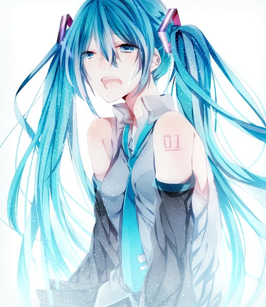 Anime picture 1600x1840 with vocaloid hatsune miku aoray single long hair tall image blush open mouth twintails bare shoulders looking away aqua eyes aqua hair tears girl detached sleeves necktie