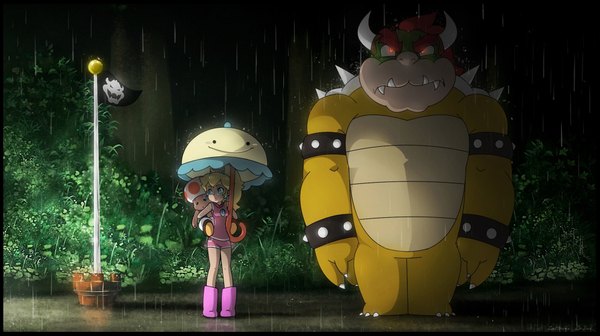 Anime picture 2007x1125 with tonari no totoro super mario bros. nintendo studio ghibli princess peach toad bowser supercaterina long hair highres blue eyes blonde hair red eyes wide image standing ponytail horn (horns) fang (fangs) sleeveless glowing
