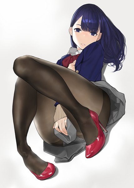 Anime picture 858x1200 with miru tights original nakabeni yua yomu (sgt epper) single long hair tall image looking at viewer fringe blue eyes light erotic simple background hair between eyes white background blue hair full body bent knee (knees) blunt bangs parted lips pleated skirt