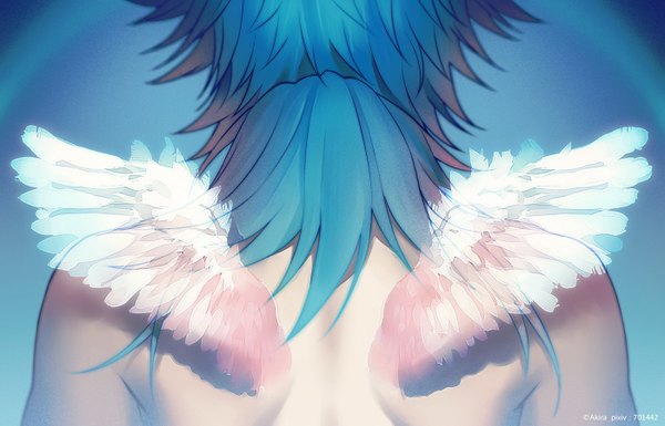 Anime picture 1400x900 with dramatical murder nitro+chiral aoba (dmmd) ren (dmmd) akira (artist) single long hair simple background bare shoulders signed blue hair from behind back bare back angel wings boy wings