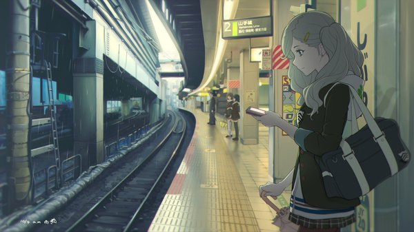 Anime picture 2048x1153 with persona 5 persona takamaki anne 5114ave long hair fringe highres blue eyes blonde hair wide image standing twintails holding profile light smile dated looking down solo focus rain photo background