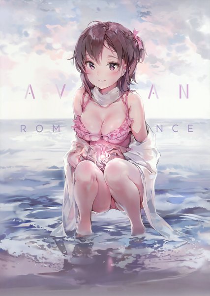 Anime picture 2774x3900 with original anmi single tall image looking at viewer blush fringe highres short hair breasts light erotic smile hair between eyes brown hair large breasts purple eyes bare shoulders cleavage cloud (clouds) ahoge