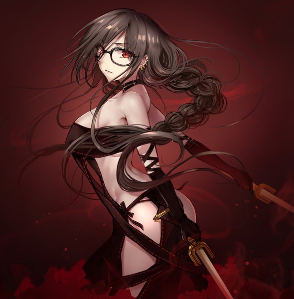 Anime picture 900x916 with fate (series) fate/grand order yu mei-ren (fate) yuemanhuaikong single long hair tall image looking at viewer fringe breasts light erotic simple background red eyes brown hair large breasts standing bare shoulders holding payot braid (braids)