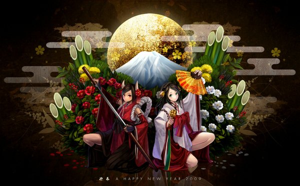 Anime picture 1550x961 with wide image multiple girls japanese clothes horn (horns) mountain new year girl flower (flowers) weapon 2 girls sword moon bell fan kadomatsu